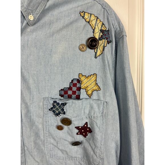 L.L. Bean 90s Embroidered Angel Celestial Denim Jean Shirt Blouse 2X Womens - Picture 4 of 7